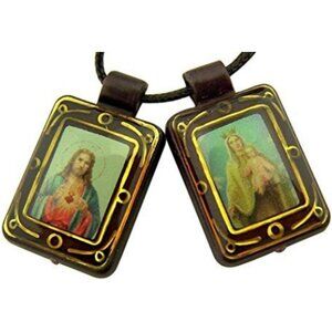Brown Moulded Scapular with Sacred Heart and Our Lady Pendant, 4 /2 Inch